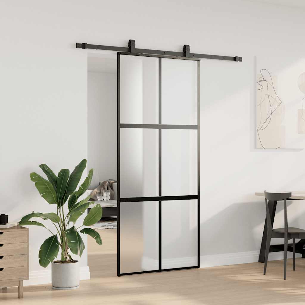 skydedør med hardwaresæt 90x205 cm hærdet glas sort