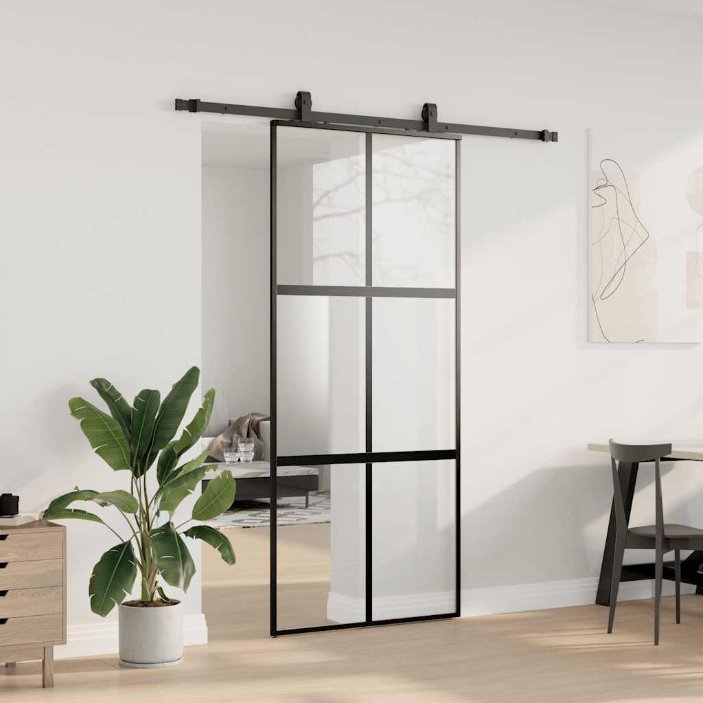 skydedør med hardwaresæt 90x205 cm hærdet glas sort