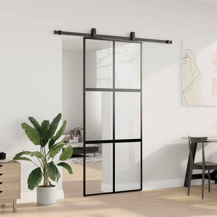 skydedør med hardwaresæt 90x205 cm hærdet glas sort