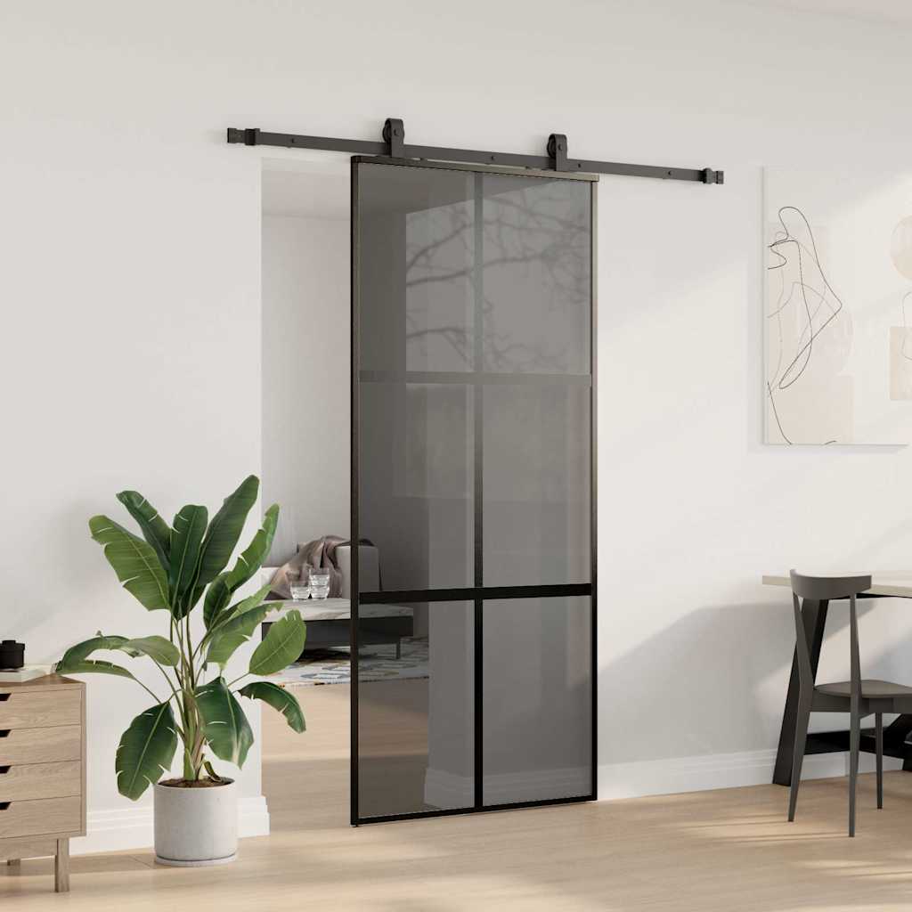skydedør med hardwaresæt 90x205 cm hærdet glas sort
