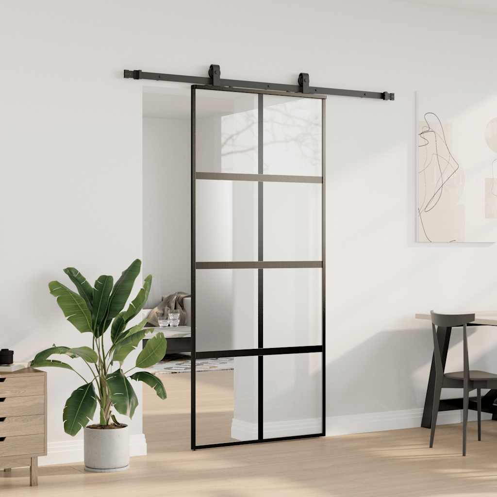skydedør med hardwaresæt 90x205 cm hærdet glas sort