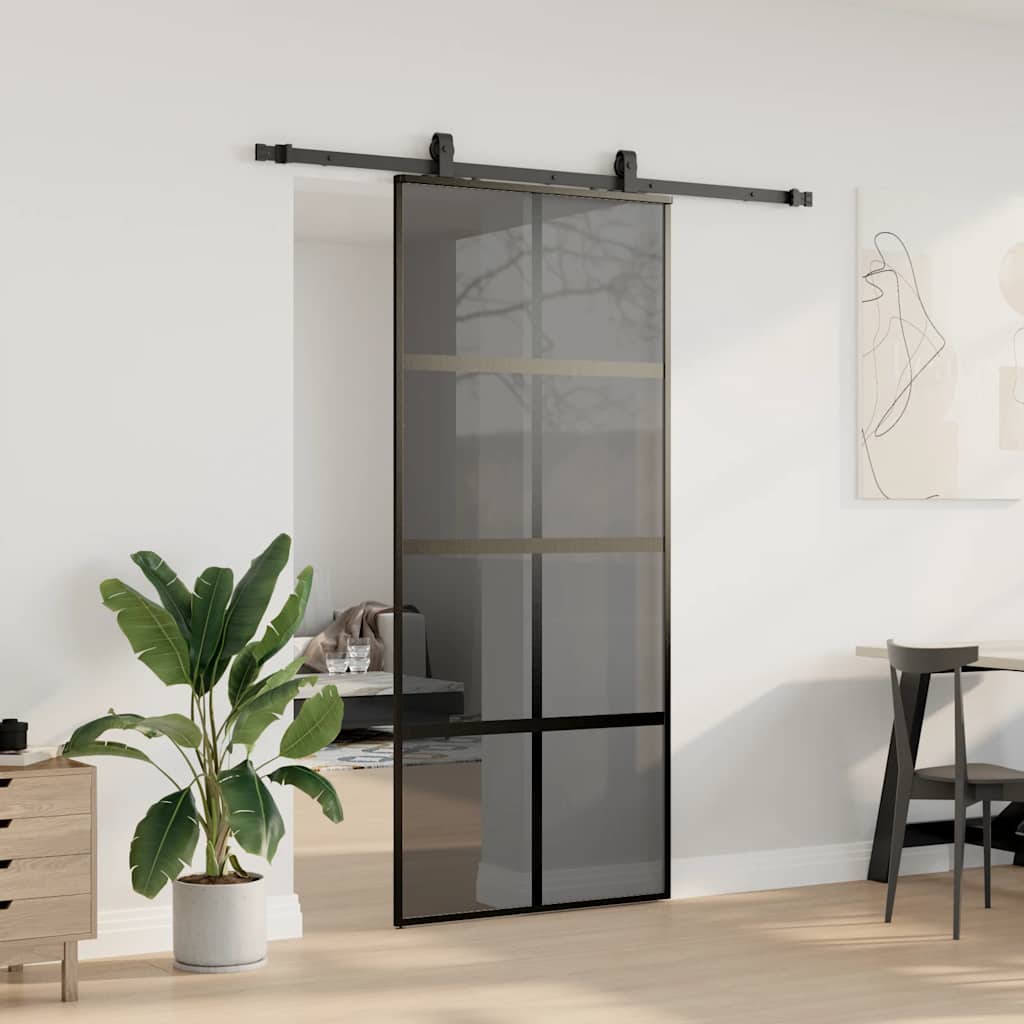 skydedør med hardwaresæt 90x205 cm hærdet glas sort