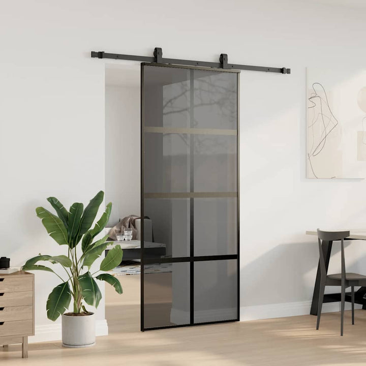 skydedør med hardwaresæt 90x205 cm hærdet glas sort