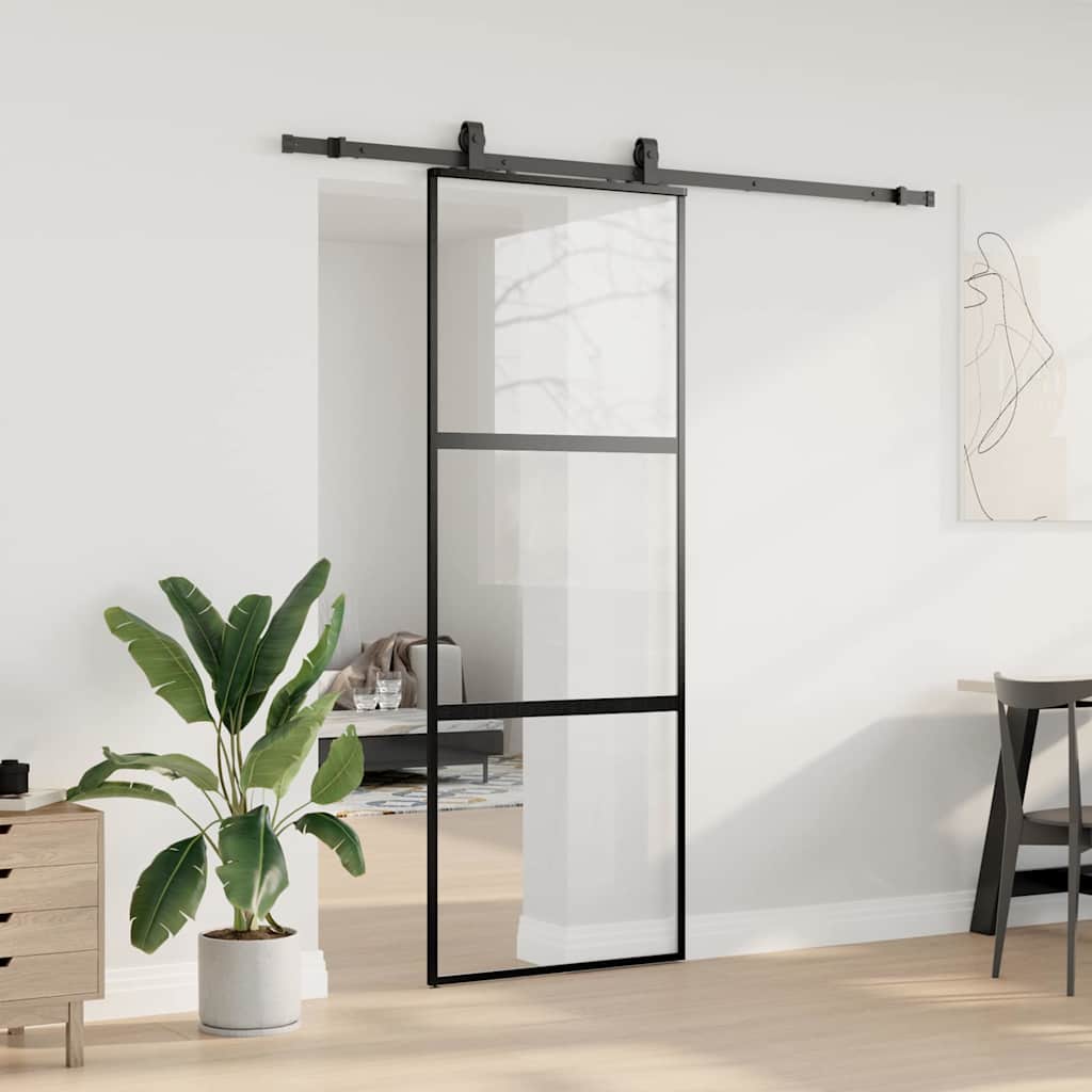 skydedør med hardwaresæt 76x205 cm hærdet glas sort