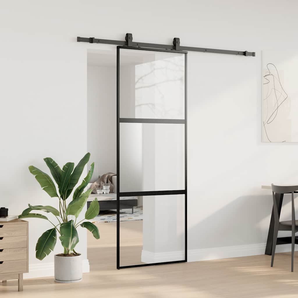 skydedør med hardwaresæt 76x205 cm hærdet glas sort