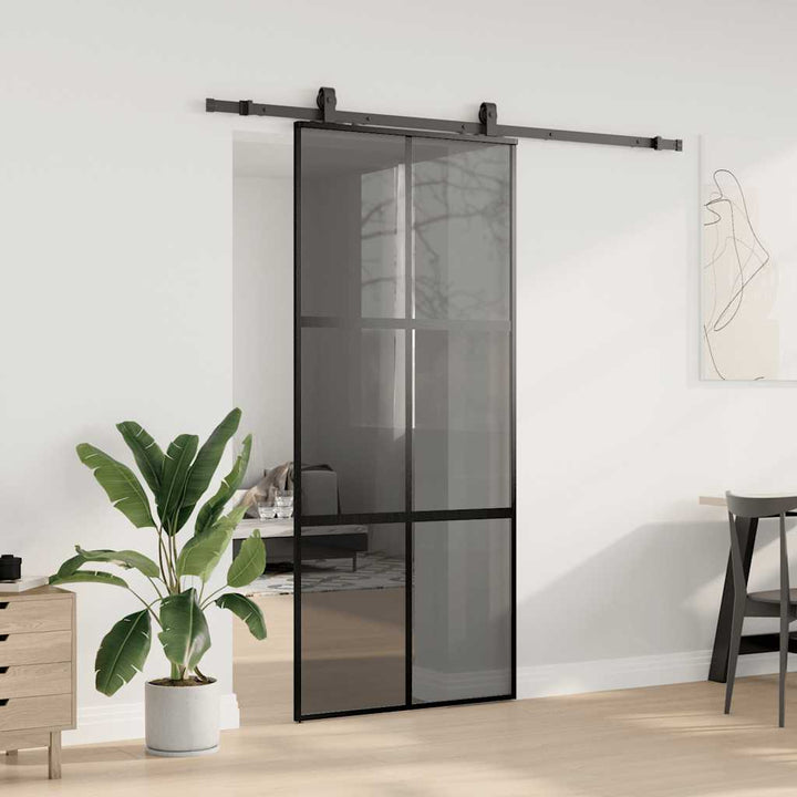 skydedør med hardwaresæt 90x205 cm hærdet glas sort