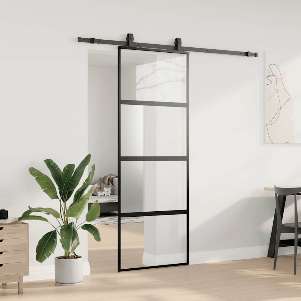 skydedør med hardwaresæt 76x205 cm hærdet glas sort