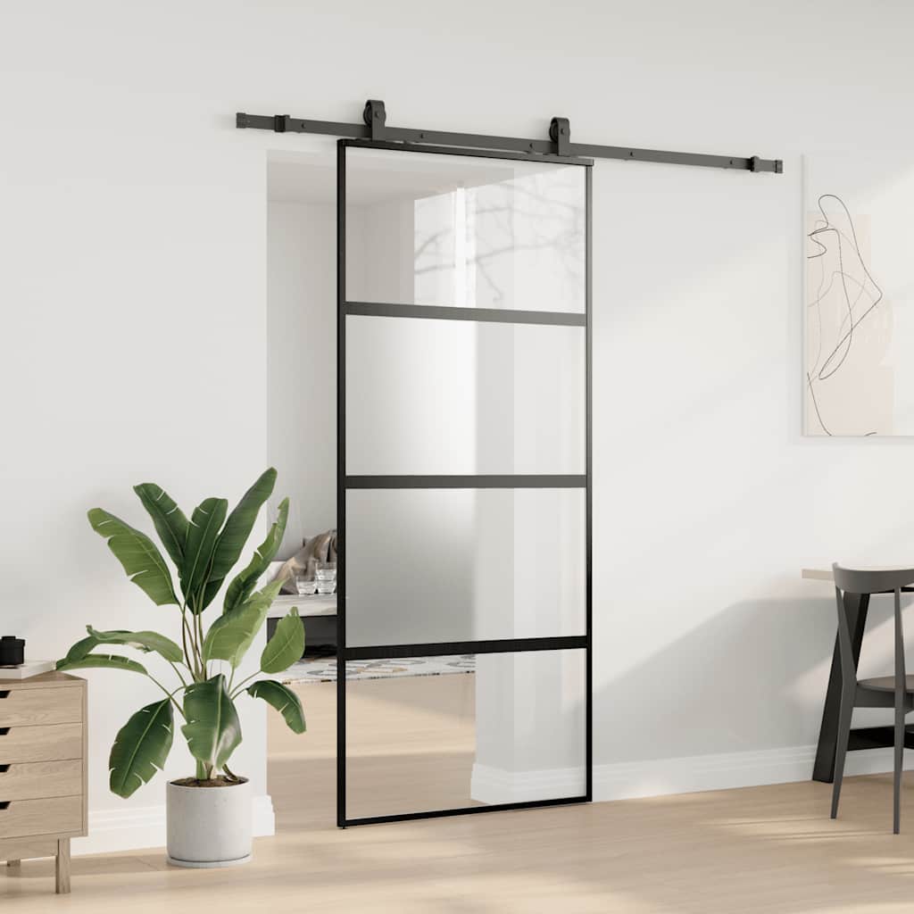 skydedør med hardwaresæt 90x205 cm hærdet glas sort