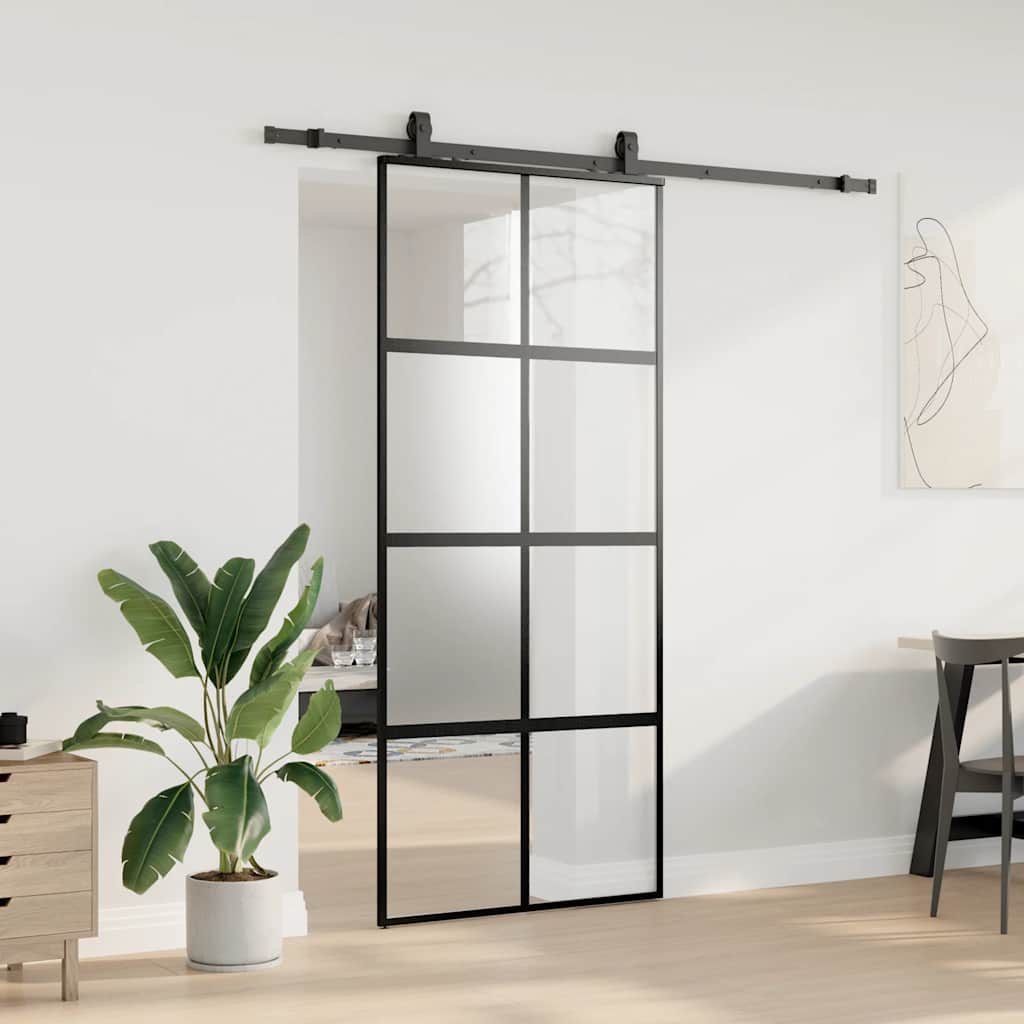 skydedør med hardwaresæt 90x205 cm hærdet glas sort