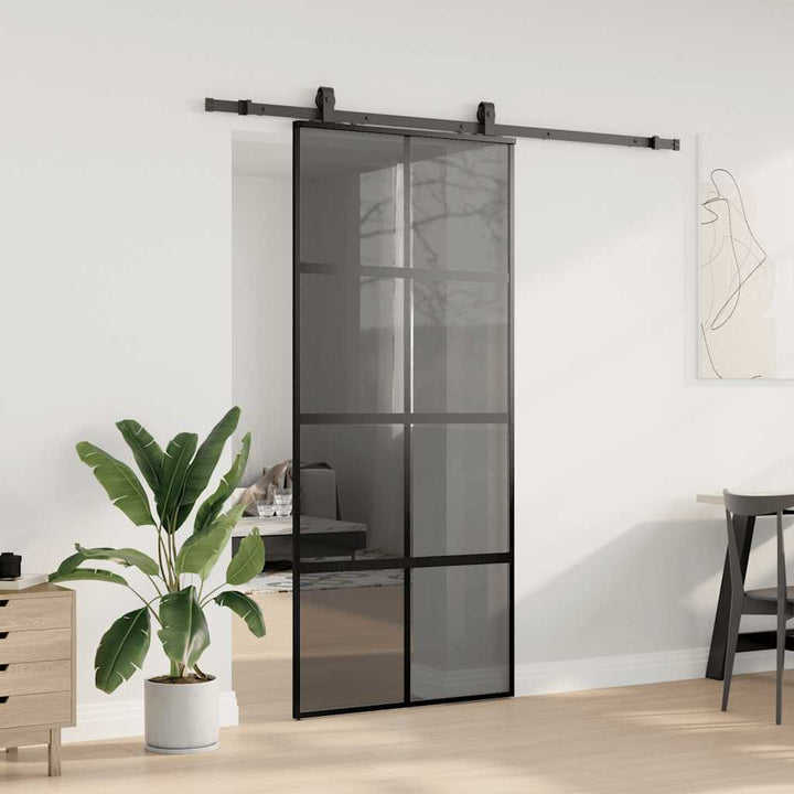 skydedør med hardwaresæt 90x205 cm hærdet glas sort