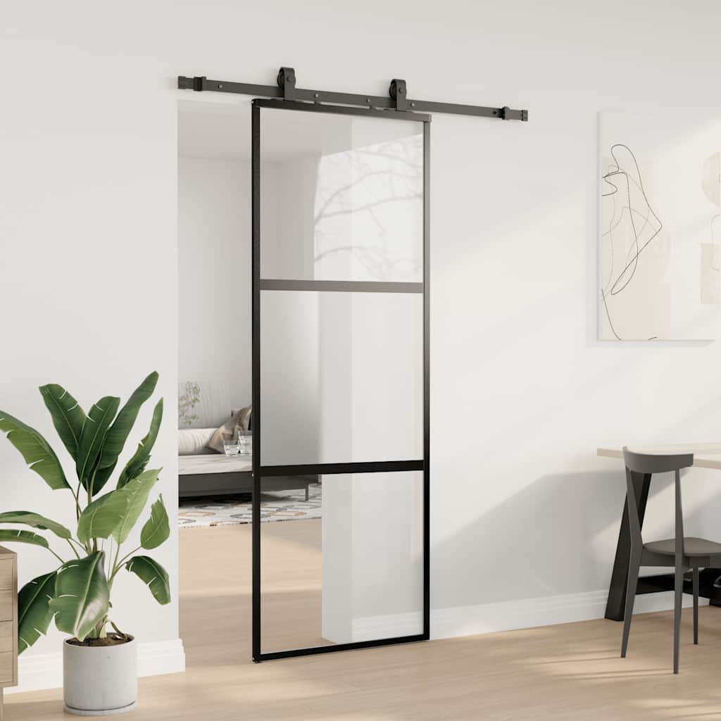 skydedør med hardwaresæt 76x205 cm hærdet glas sort