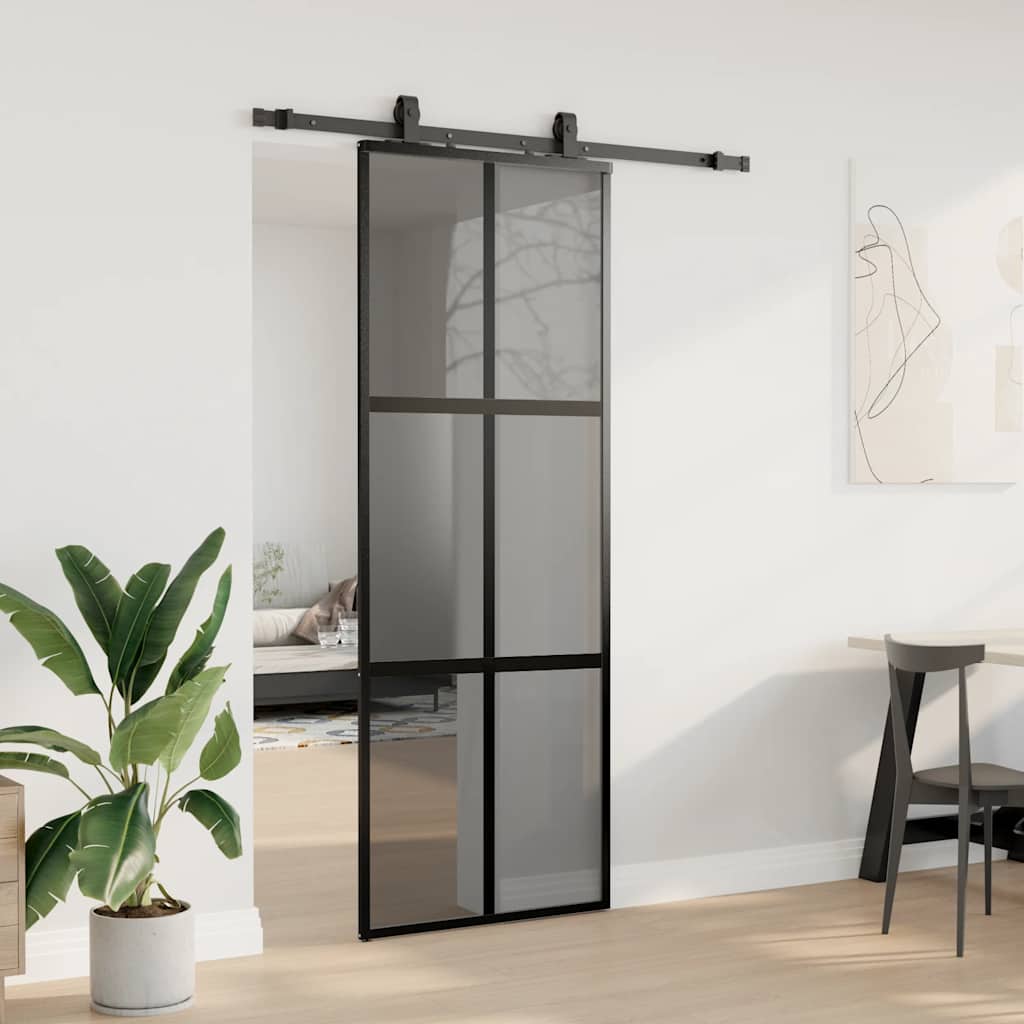 skydedør med hardwaresæt 76x205 cm hærdet glas sort