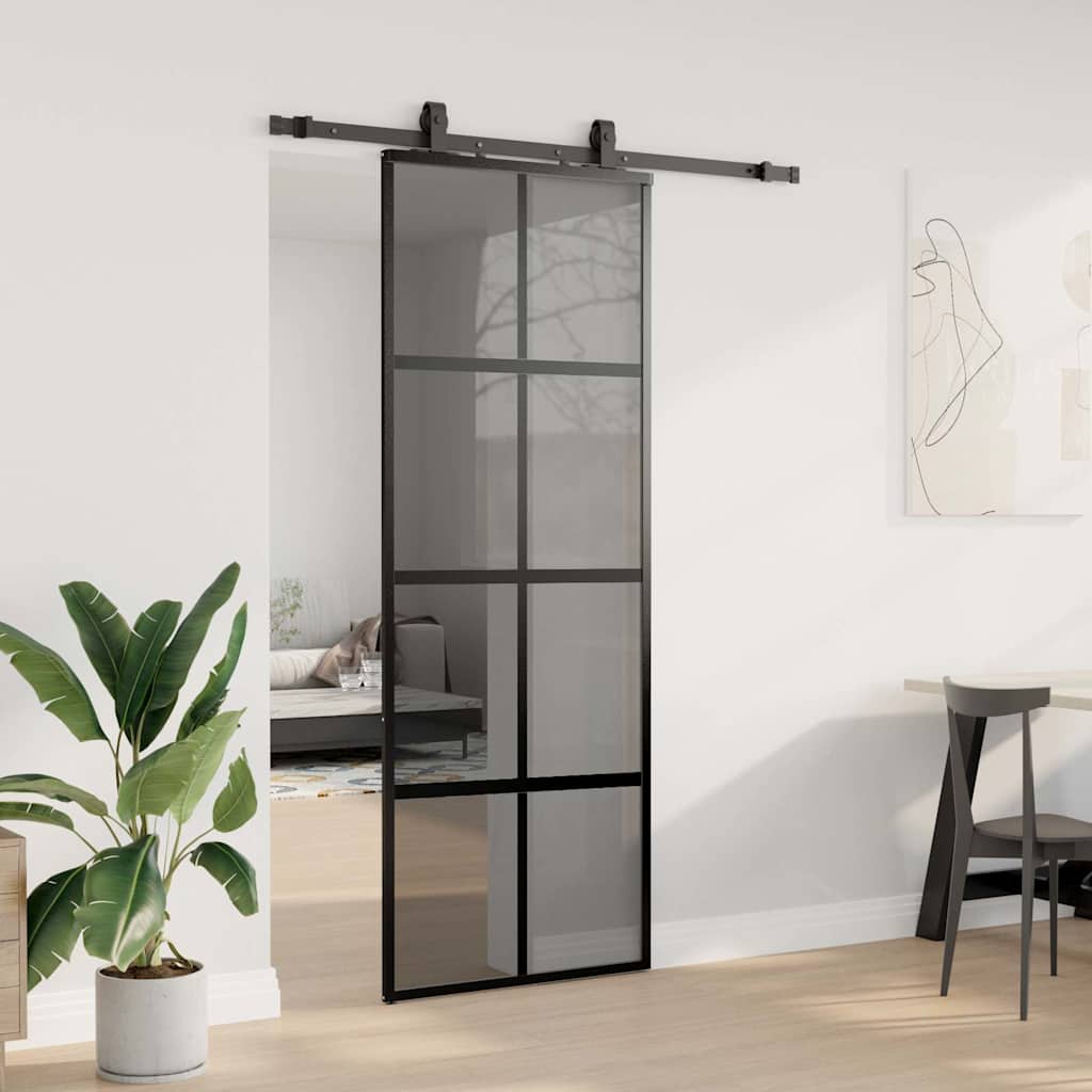 skydedør med hardwaresæt 76x205 cm hærdet glas sort