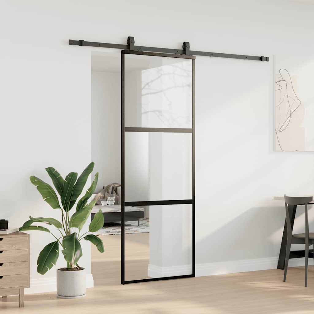 skydedør med hardwaresæt 76x205 cm hærdet glas sort