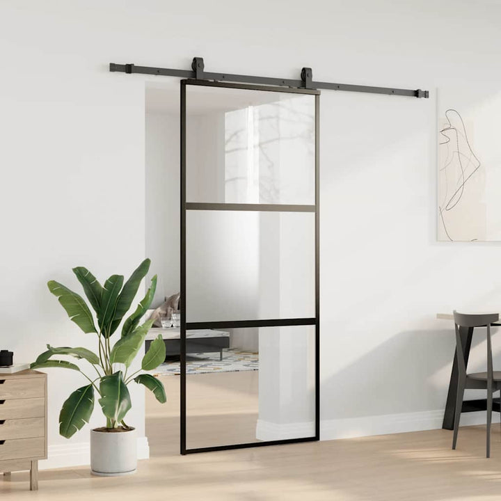 skydedør med hardwaresæt 90x205 cm hærdet glas sort