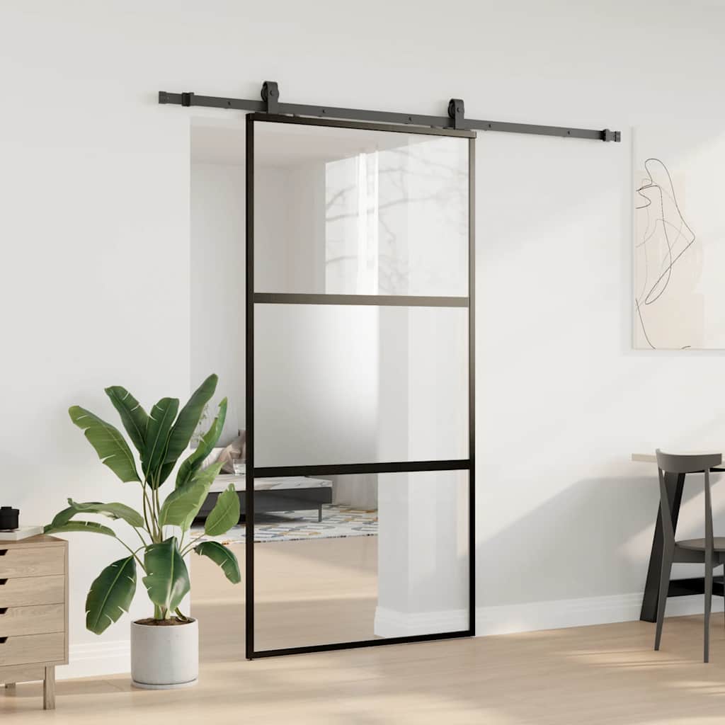 skydedør med hardwaresæt 102,5x205 cm hærdet glas sort