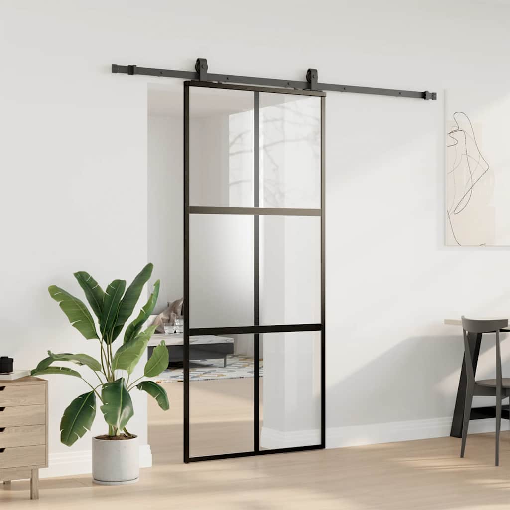 skydedør med hardwaresæt 90x205 cm hærdet glas sort