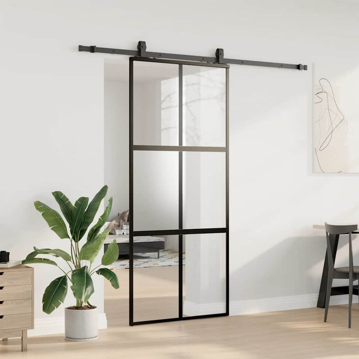 skydedør med hardwaresæt 90x205 cm hærdet glas sort