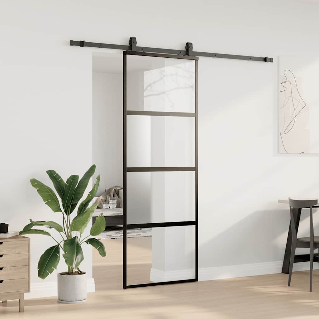 skydedør med hardwaresæt 76x205 cm hærdet glas sort