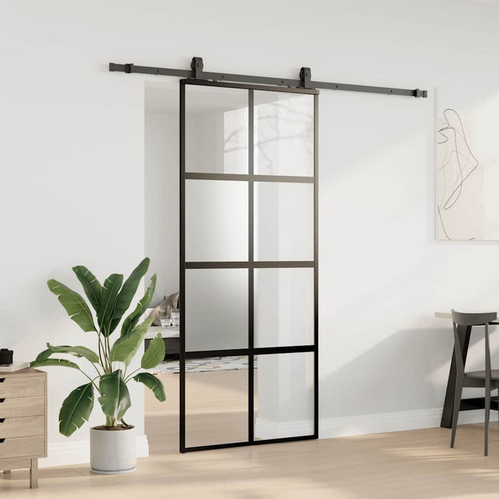 skydedør med hardwaresæt 90x205 cm hærdet glas sort