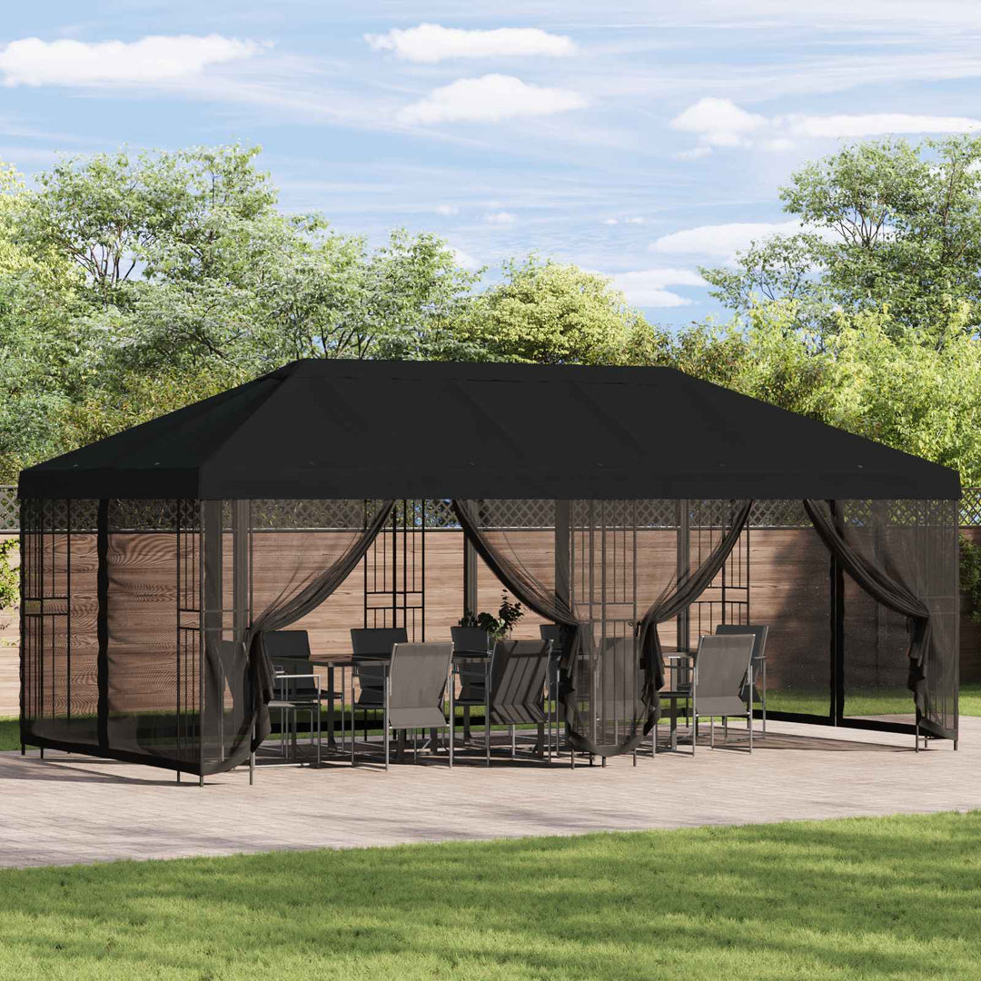 Pavillon med sidetapper 6 x 3 m Sort Polyester og Stål 190