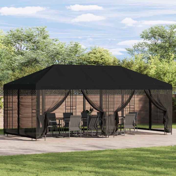 Pavillon med sidetapper 6 x 3 m Sort Polyester og Stål 190