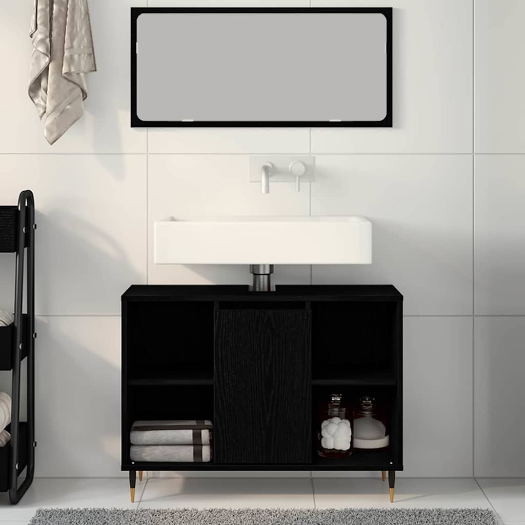 Badeværelsesskab med hylde Sort 80 x 33 x 60 cm Konstrueret træ