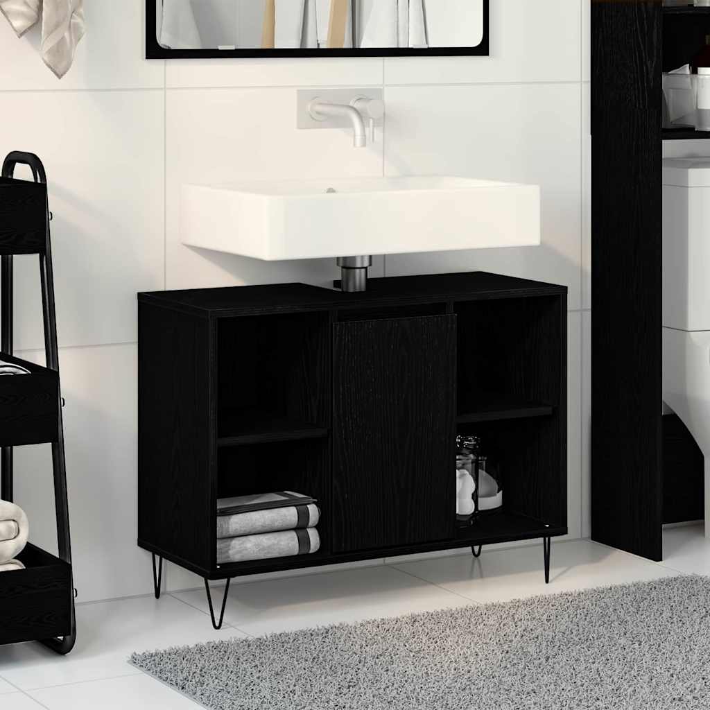 Badeværelsesskab med hylde Sort 80 x 33 x 60 cm Konstrueret træ