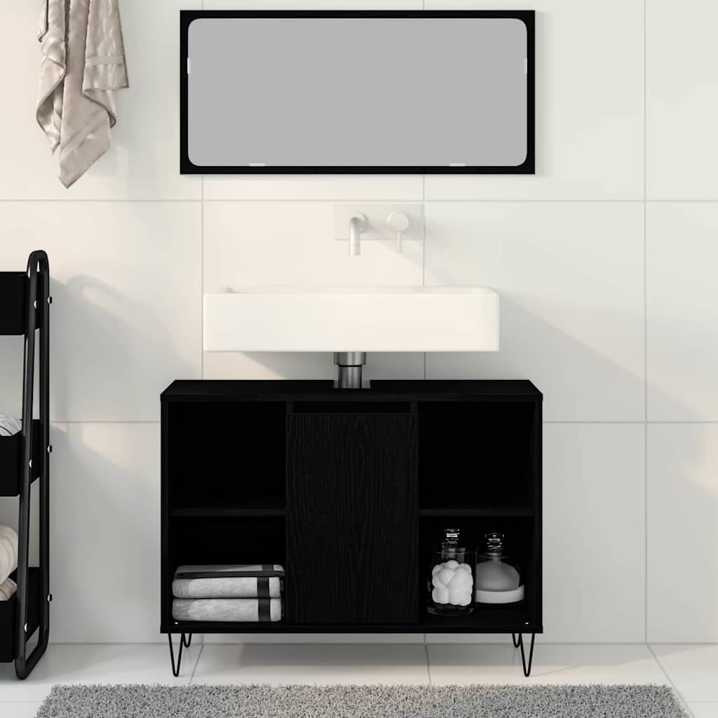 Badeværelsesskab med hylde Sort 80 x 33 x 60 cm Konstrueret træ