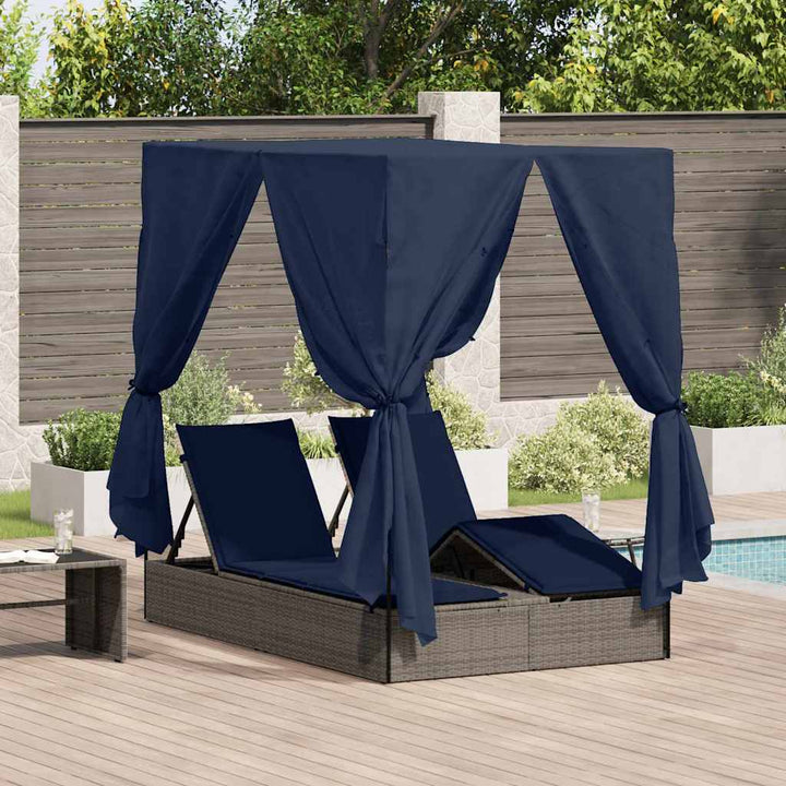 Dobbelt solstol med gardiner Sort 205 x 129 x 200 cm polyrattan