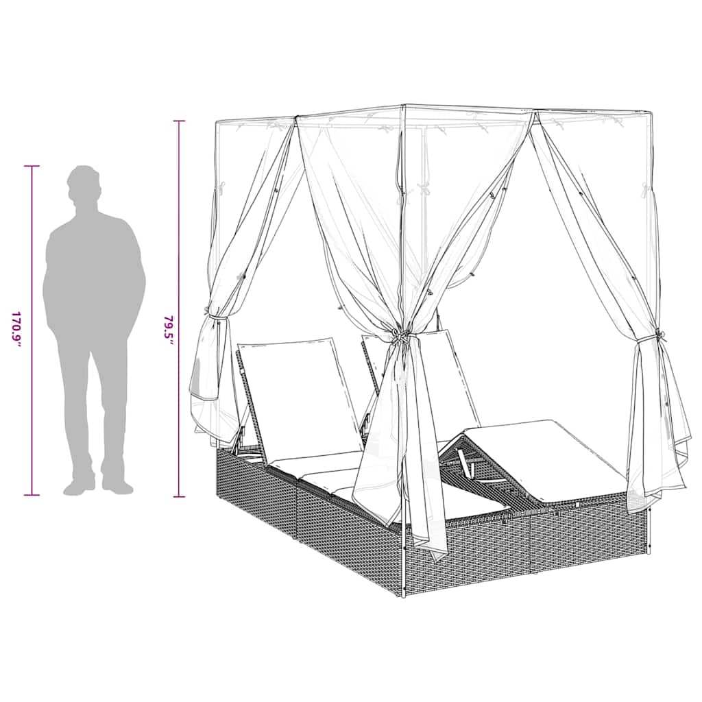 Dobbelt solstol med gardiner Sort 205 x 129 x 200 cm polyrattan