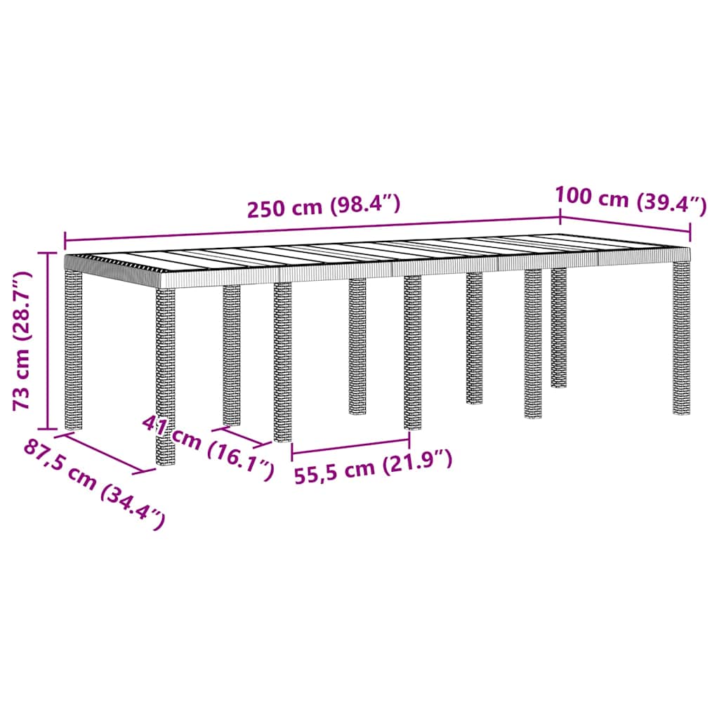 Havemøbel Bord Lysegrå 250 x 100 x 73 cm polyrattan