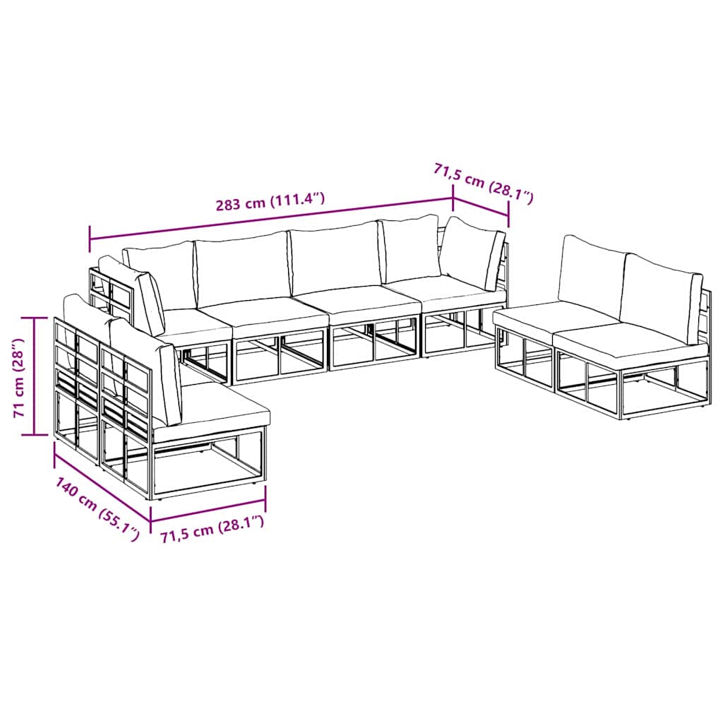 Havesofa Sæt med pude 8 pcs Sort Aluminium