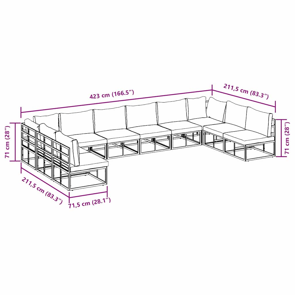 Havesofa Sæt med pude 10 pcs Sort Aluminium
