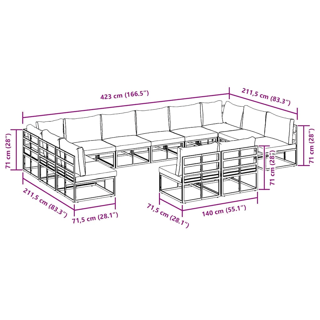 Havesofa Sæt med pude 12 pcs Sort Aluminium