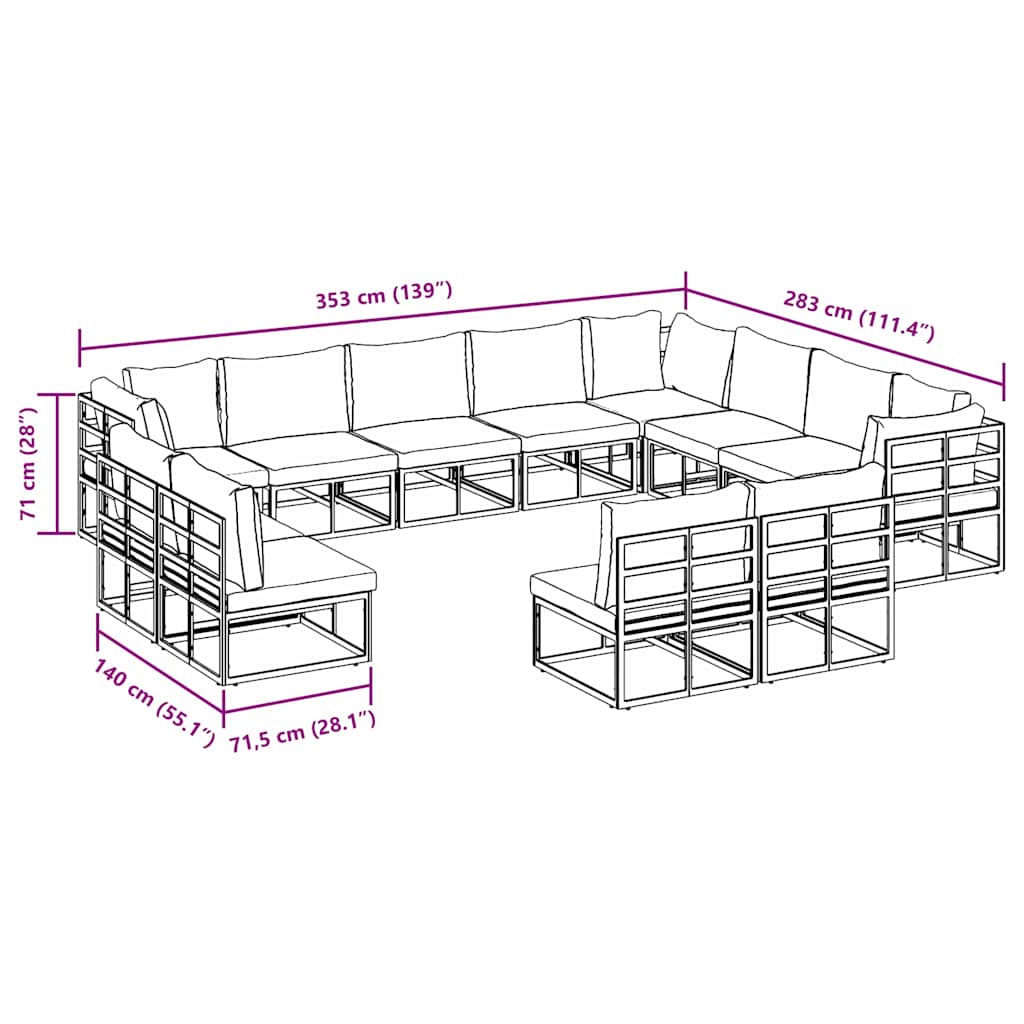 Havesofa Sæt med pude 12 pcs Sort Aluminium
