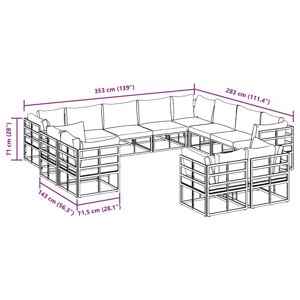 Havesofa Sæt med pude 12 pcs Sort Aluminium