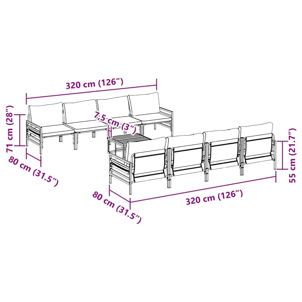 Havesofa Sæt med pude 9 pcs Sort Stål