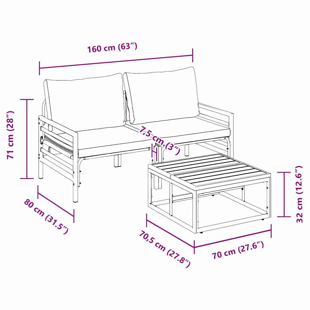 Havesofa Sæt med pude 3 pcs Sort Stål