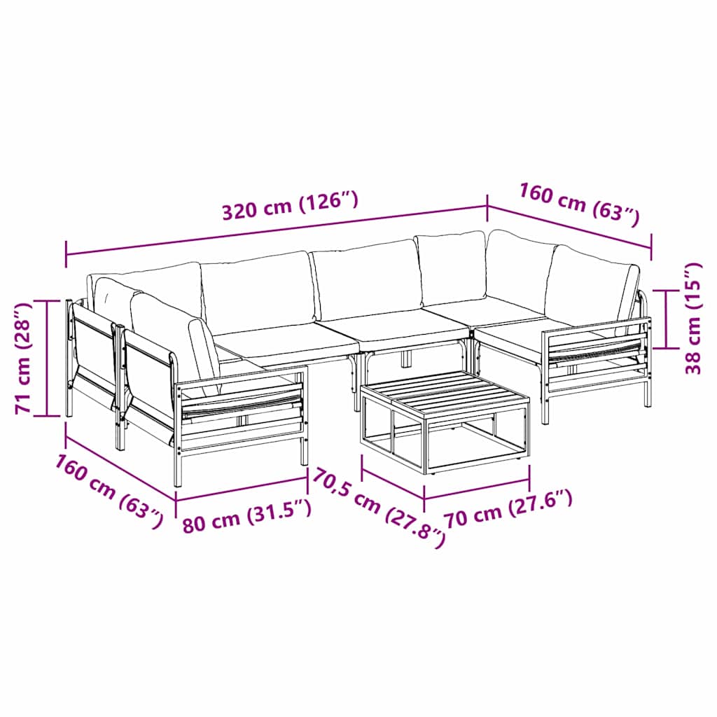 Havesofa Sæt med pude 7 pcs Sort Stål