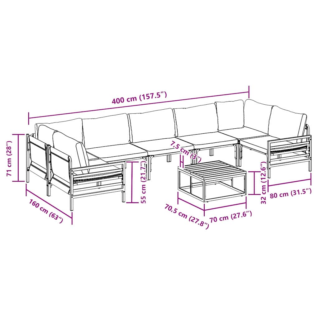 Havesofa Sæt med pude 8 pcs Sort Stål