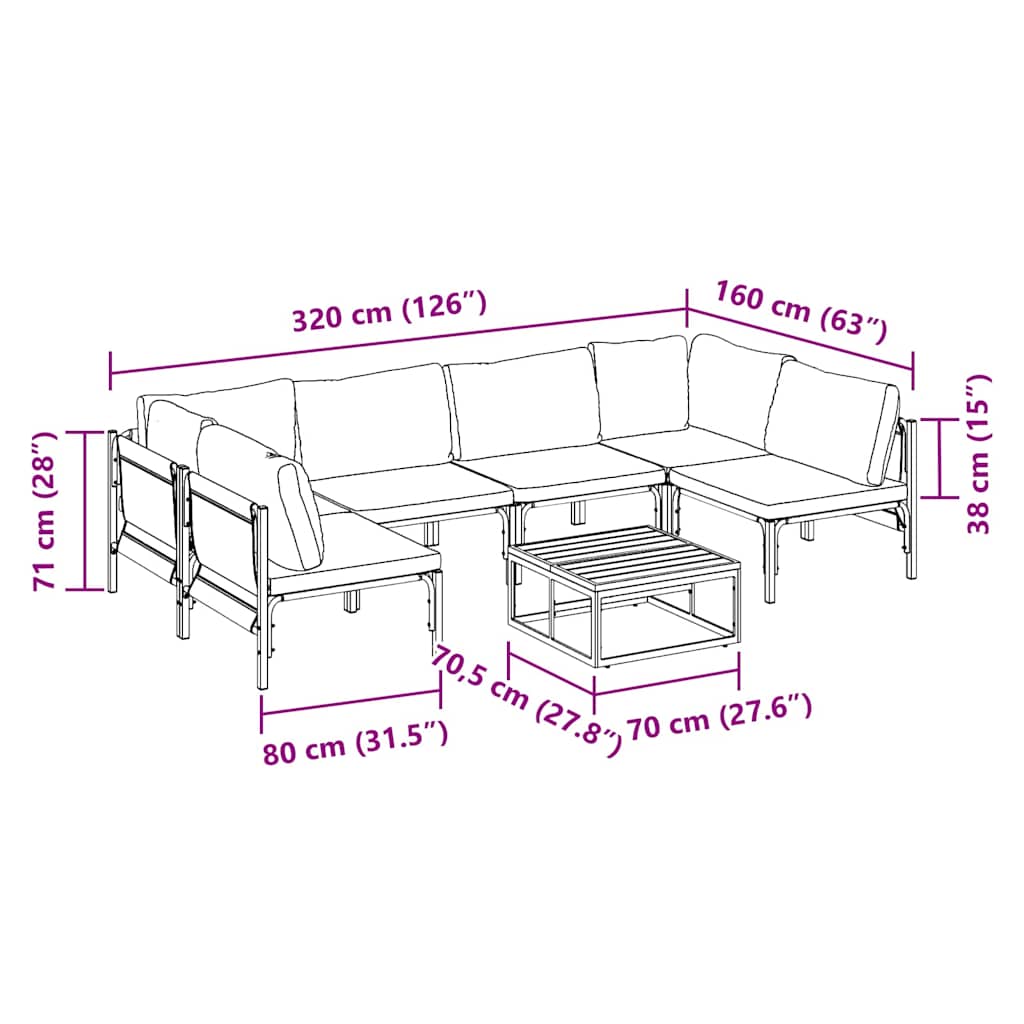 Havesofa Sæt med pude 7 pcs Sort Stål