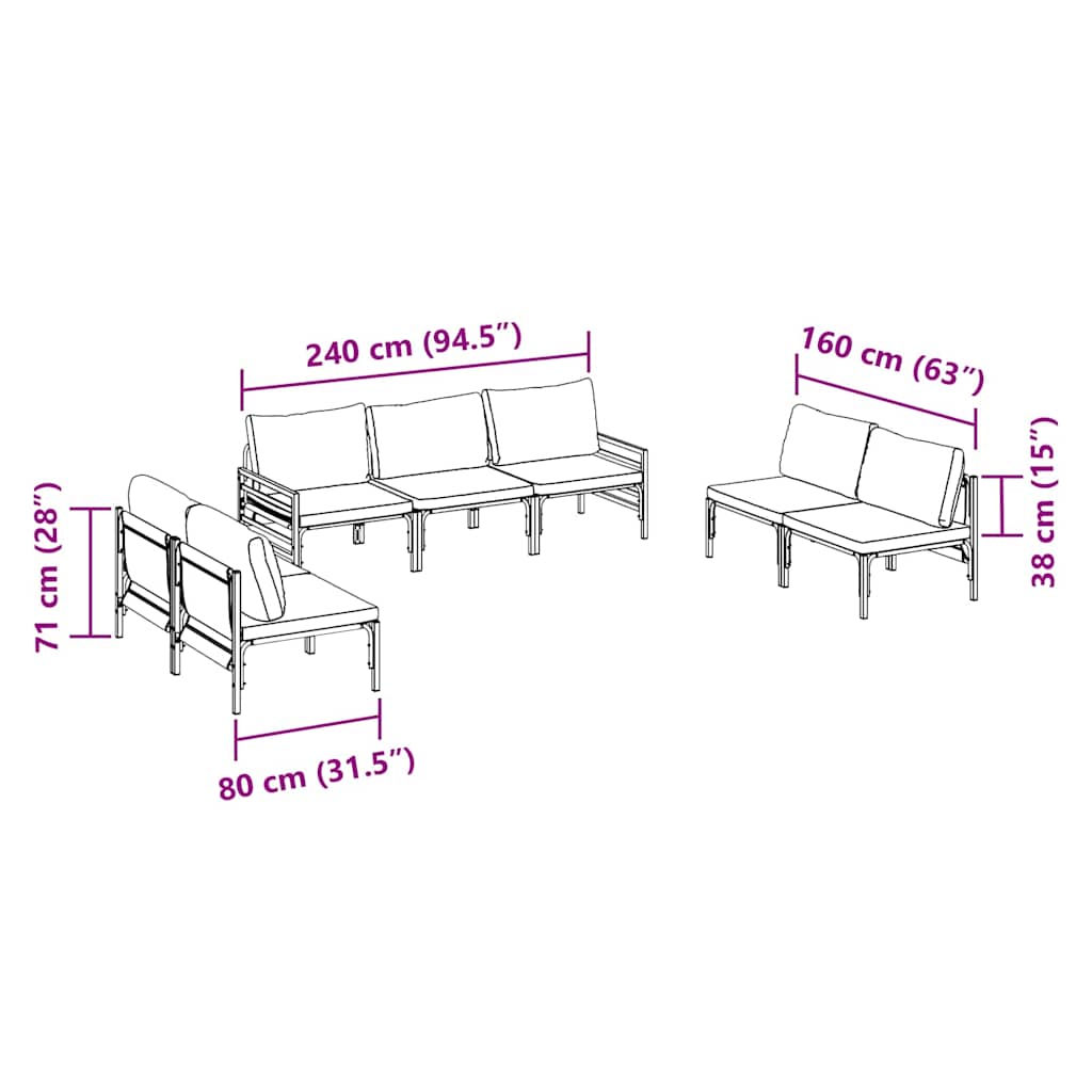Havesofa Sæt med pude 7 pcs Sort Stål