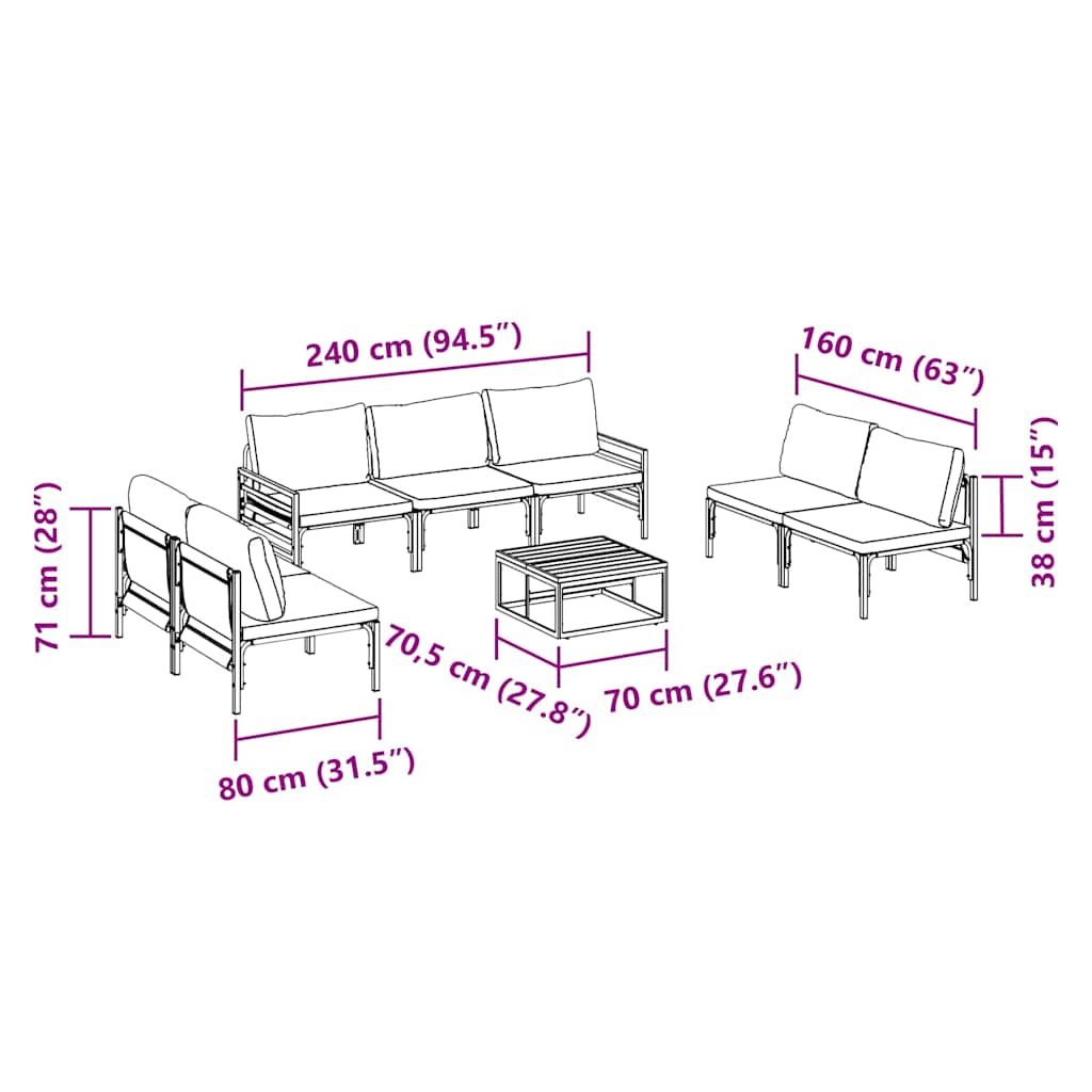 Havesofa Sæt med pude 8 pcs Sort Stål