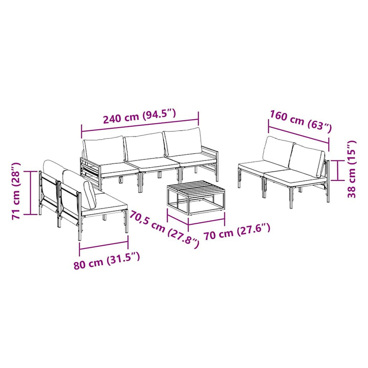 Havesofa Sæt med pude 8 pcs Sort Stål