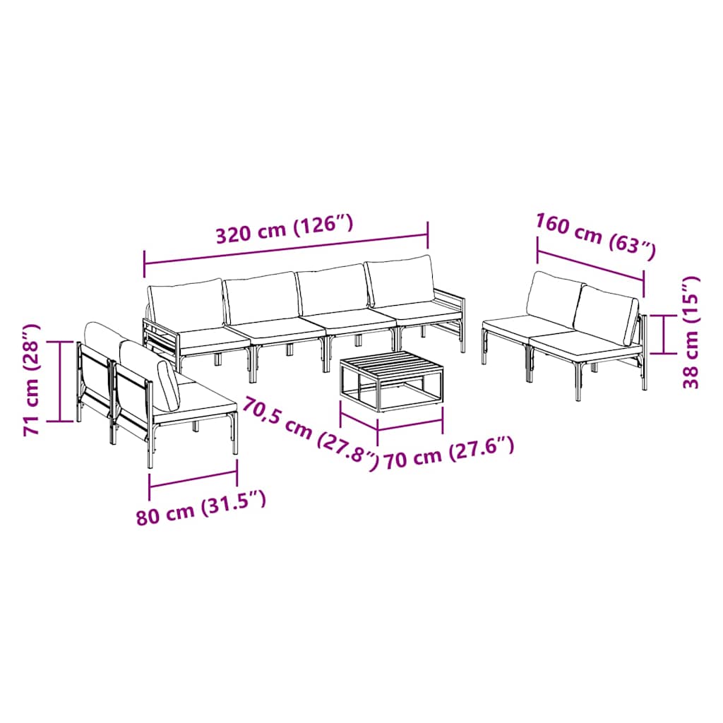 Havesofa Sæt med pude 9 pcs Sort Stål
