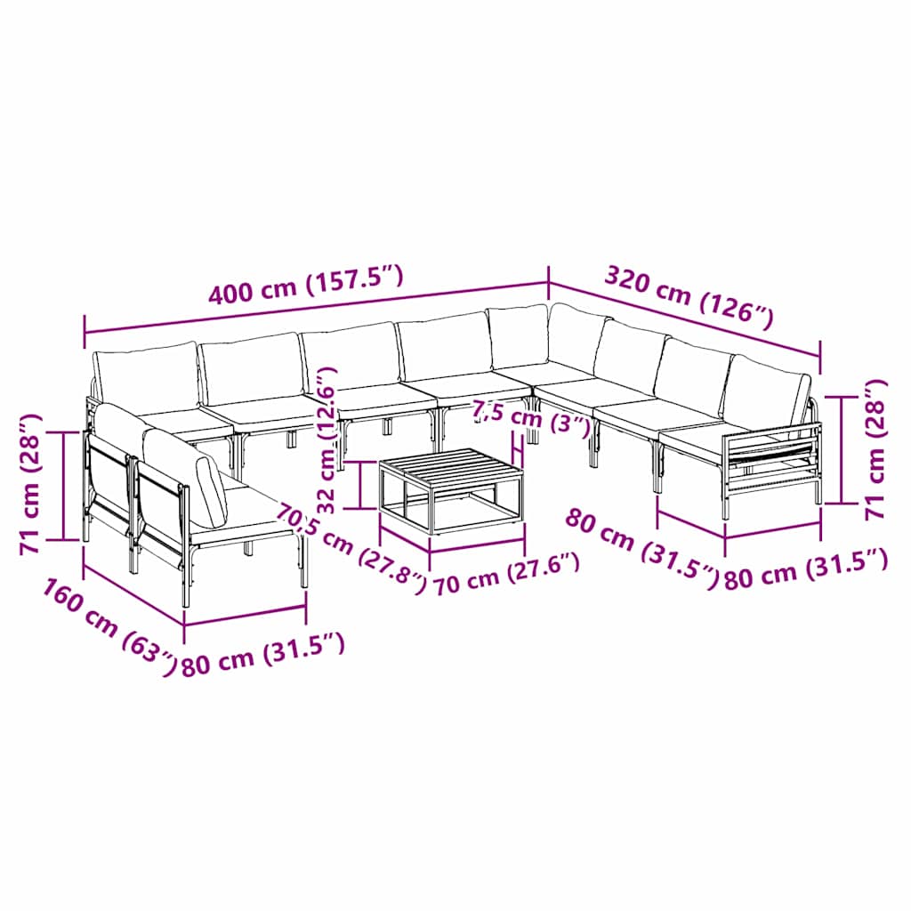 Havesofa Sæt med pude 11 pcs Sort Stål