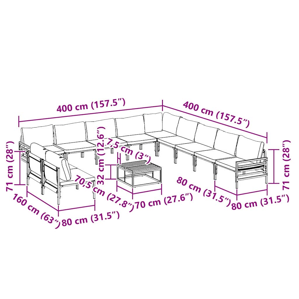 Havesofa Sæt med pude 12 pcs Sort Stål