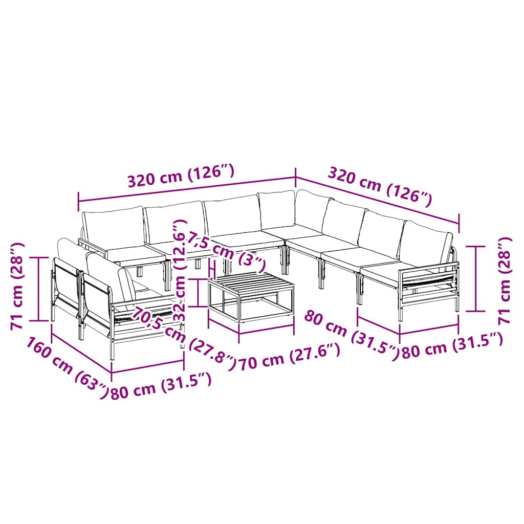 Havesofa Sæt med pude 10 pcs Sort Stål