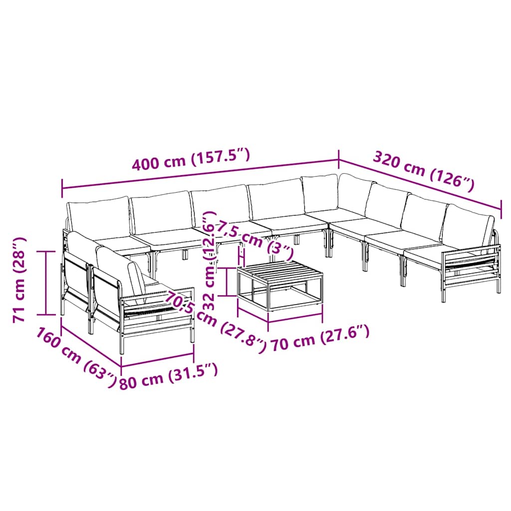 Havesofa Sæt med pude 11 pcs Sort Stål